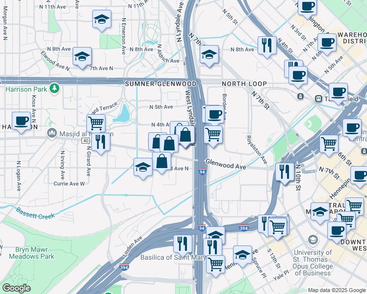 map of restaurants, bars, coffee shops, grocery stores, and more near 275 Market Street in Minneapolis