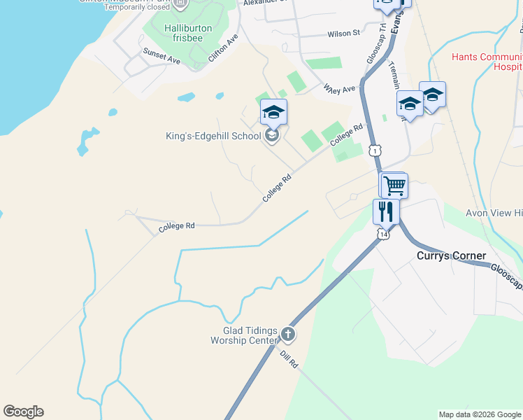 map of restaurants, bars, coffee shops, grocery stores, and more near 501 College Road in Windsor