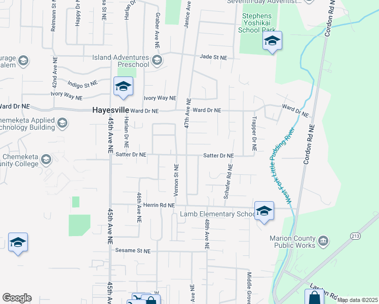 map of restaurants, bars, coffee shops, grocery stores, and more near 4223 47th Avenue Northeast in Salem