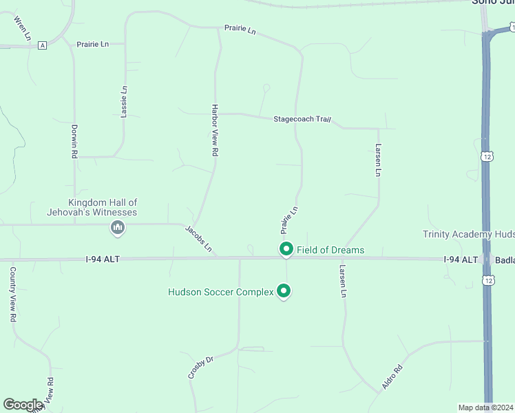 map of restaurants, bars, coffee shops, grocery stores, and more near 543 Prairie Lane in Hudson