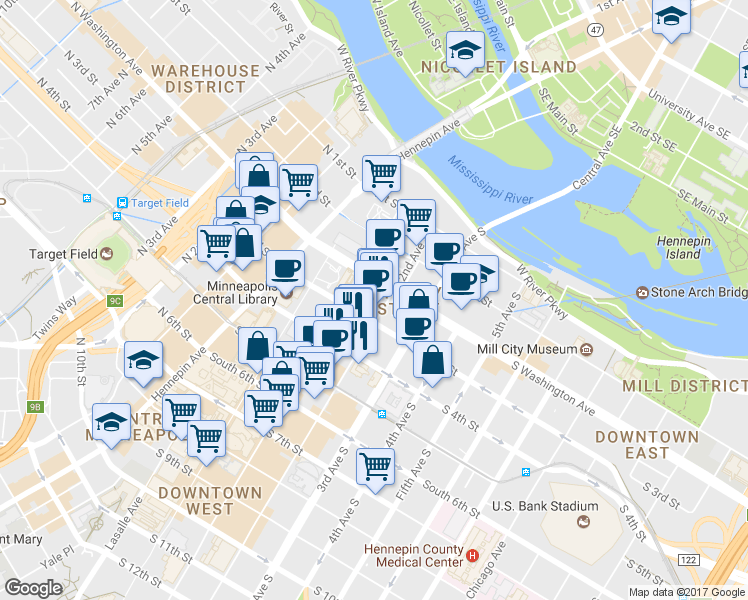 map of restaurants, bars, coffee shops, grocery stores, and more near 245 South Marquette Avenue in Minneapolis