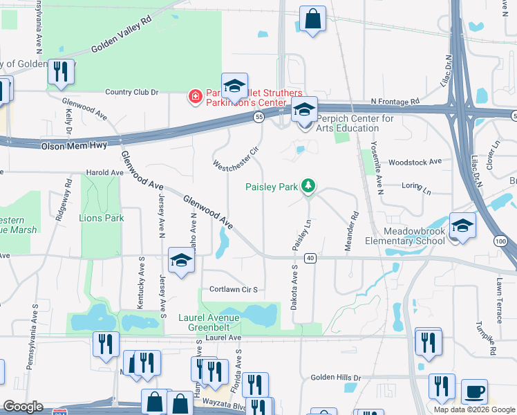 map of restaurants, bars, coffee shops, grocery stores, and more near 237 Edgewood Avenue North in Golden Valley