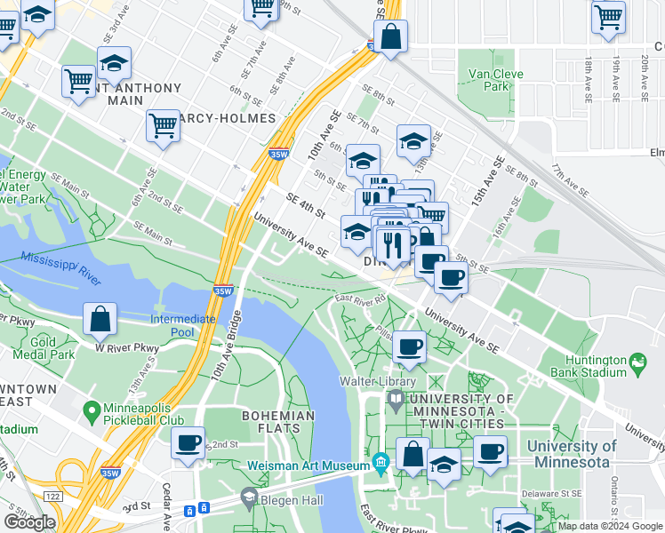 map of restaurants, bars, coffee shops, grocery stores, and more near 1212 University Avenue Southeast in Minneapolis