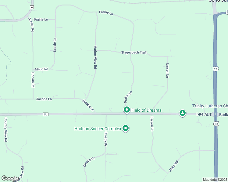 map of restaurants, bars, coffee shops, grocery stores, and more near 543 Prairie Lane in Hudson