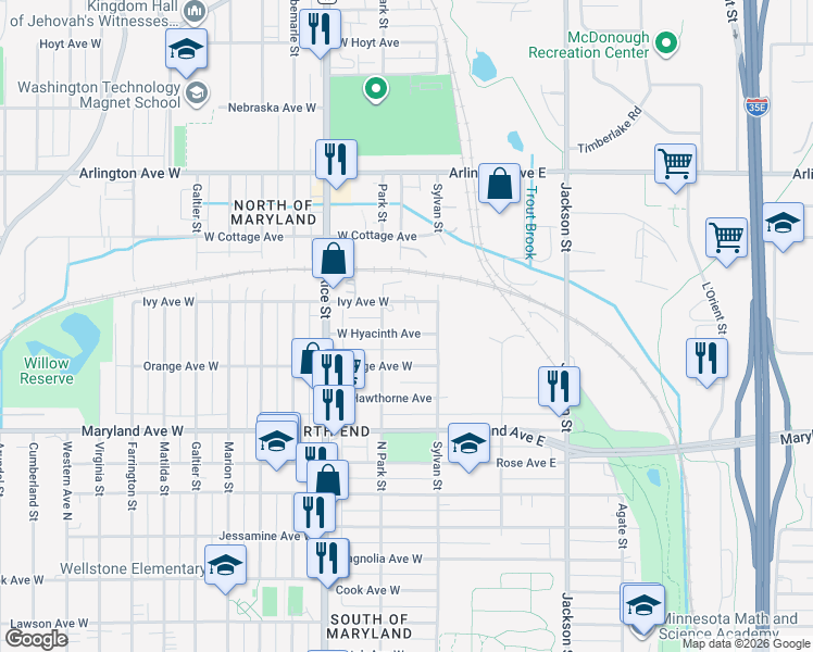 map of restaurants, bars, coffee shops, grocery stores, and more near 65 West Hyacinth Avenue in Saint Paul