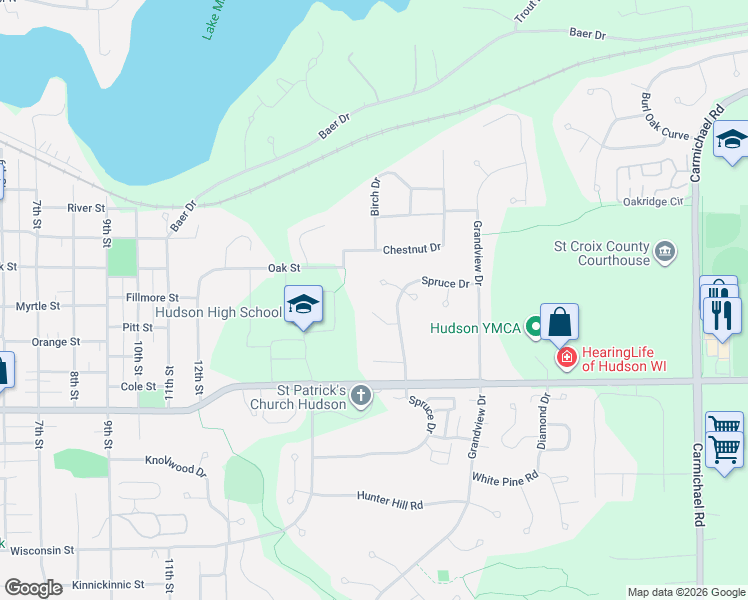 map of restaurants, bars, coffee shops, grocery stores, and more near 1708 Gray Fox Lane in Hudson