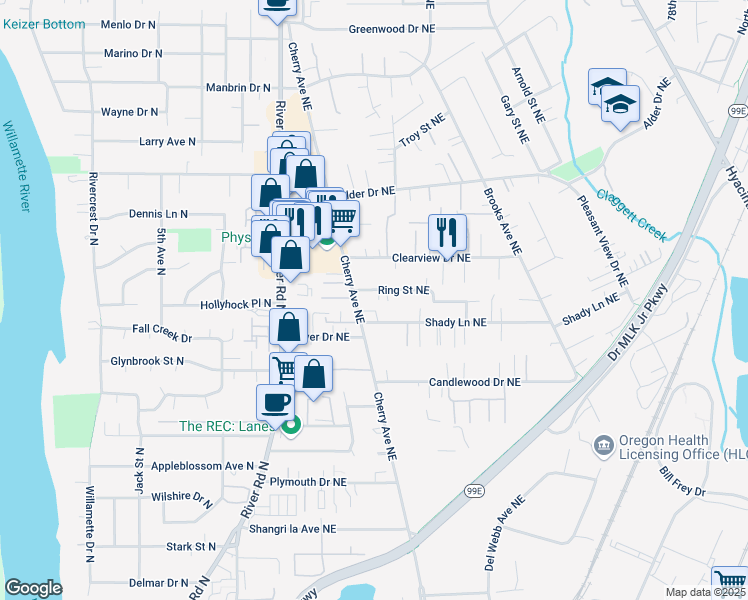 map of restaurants, bars, coffee shops, grocery stores, and more near 1028 Ring Street Northeast in Keizer