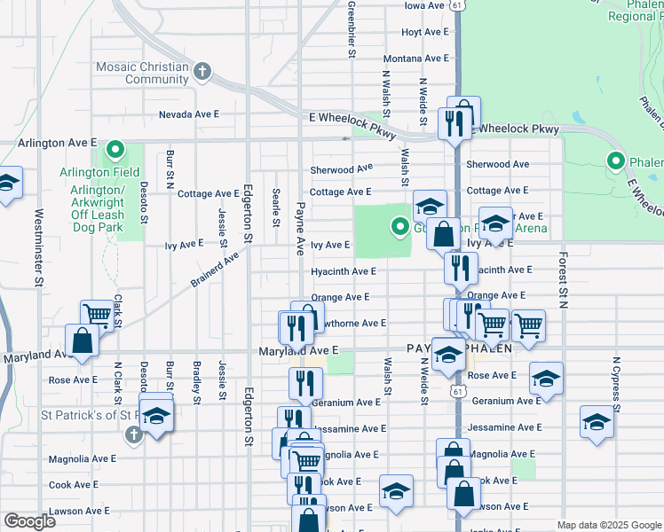 map of restaurants, bars, coffee shops, grocery stores, and more near 673 Hyacinth Avenue East in Saint Paul