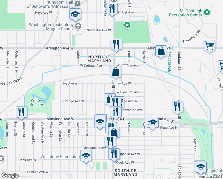 map of restaurants, bars, coffee shops, grocery stores, and more near 1295 Rice Street in Saint Paul