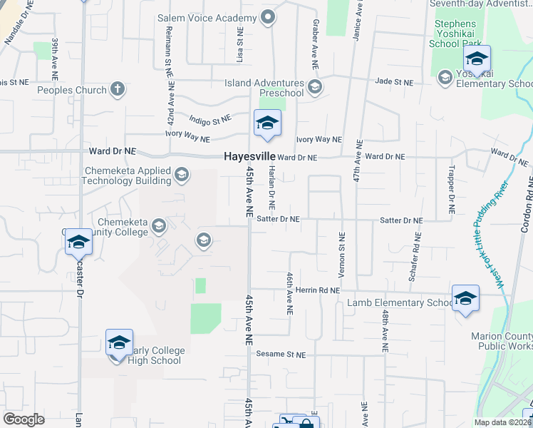 map of restaurants, bars, coffee shops, grocery stores, and more near 4215 Harlan Drive Northeast in Salem