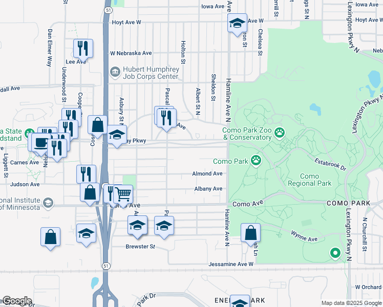 map of restaurants, bars, coffee shops, grocery stores, and more near 1412 Midway Parkway in Saint Paul