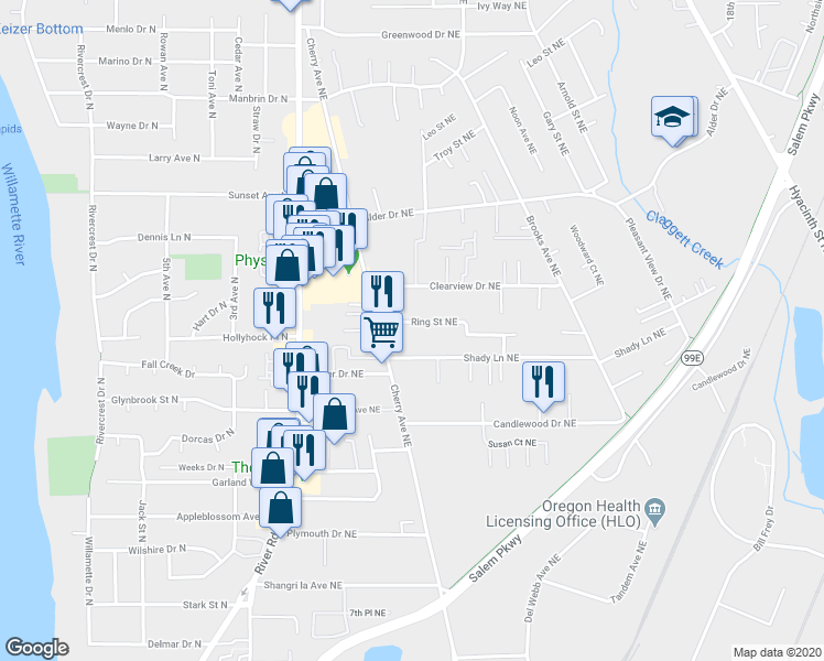 map of restaurants, bars, coffee shops, grocery stores, and more near 1028 Ring Street Northeast in Keizer