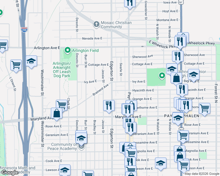 map of restaurants, bars, coffee shops, grocery stores, and more near 1303 Edgerton Street in Saint Paul