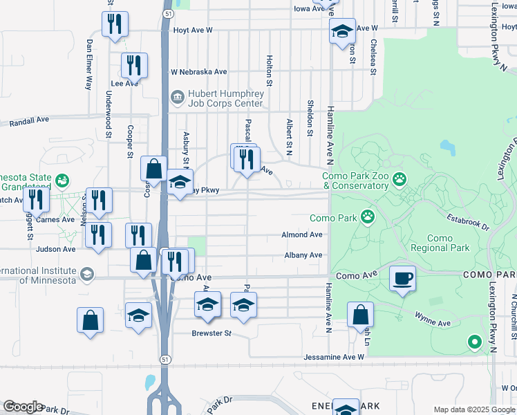 map of restaurants, bars, coffee shops, grocery stores, and more near 1412 Midway Parkway in Saint Paul
