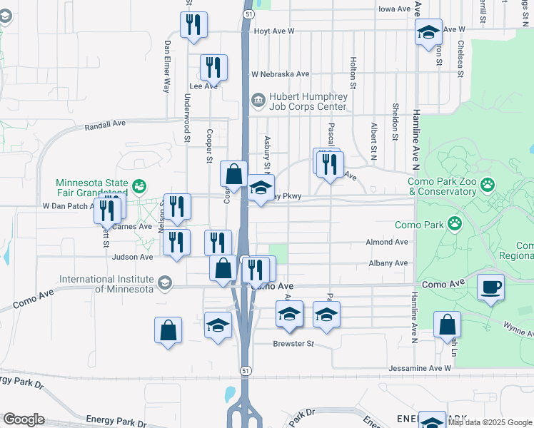 map of restaurants, bars, coffee shops, grocery stores, and more near 1554 Midway Parkway in Saint Paul