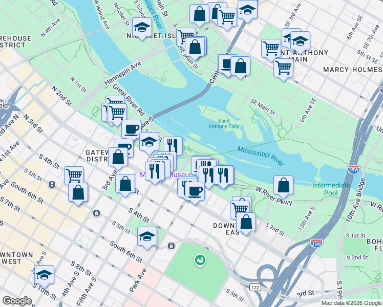 map of restaurants, bars, coffee shops, grocery stores, and more near 34 Portland Avenue South in Minneapolis