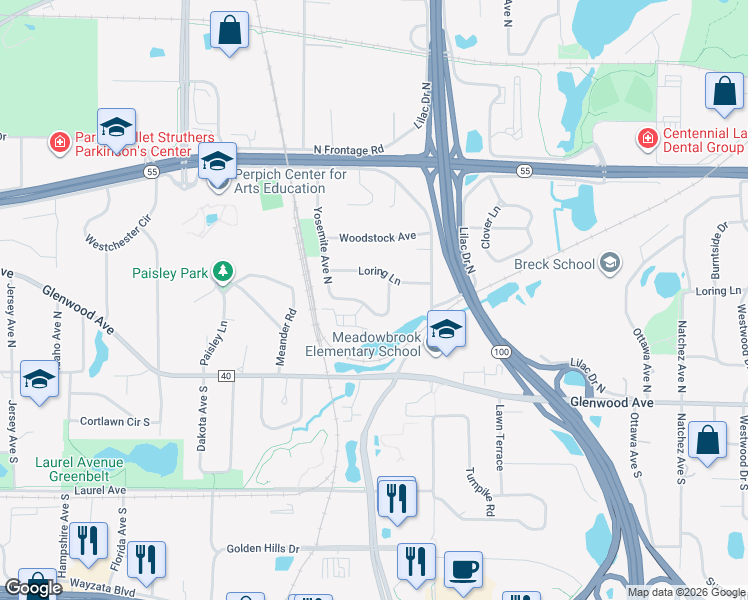 map of restaurants, bars, coffee shops, grocery stores, and more near 250 Yosemite Circle North in Minneapolis