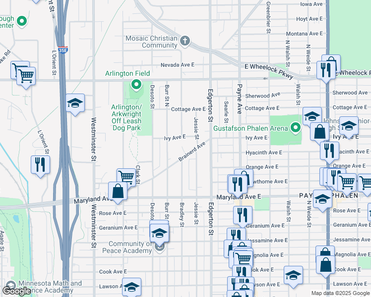 map of restaurants, bars, coffee shops, grocery stores, and more near 531 Brainerd Avenue in Saint Paul