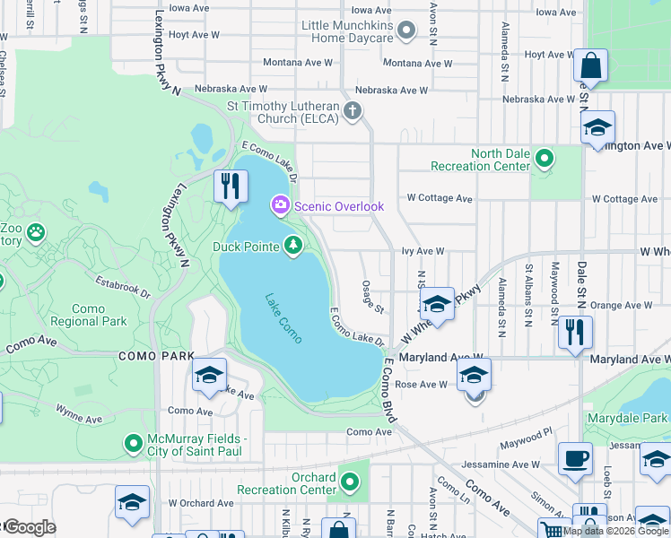 map of restaurants, bars, coffee shops, grocery stores, and more near 1300 East Como Boulevard in Saint Paul