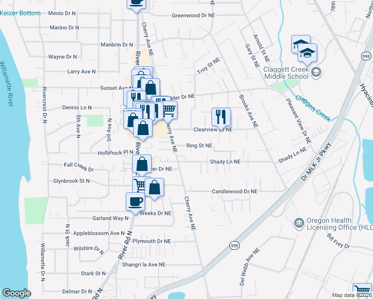 map of restaurants, bars, coffee shops, grocery stores, and more near 1058 Ring Street Northeast in Keizer