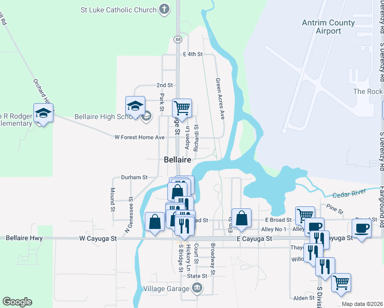 map of restaurants, bars, coffee shops, grocery stores, and more near 109 East Antrim Street in Bellaire