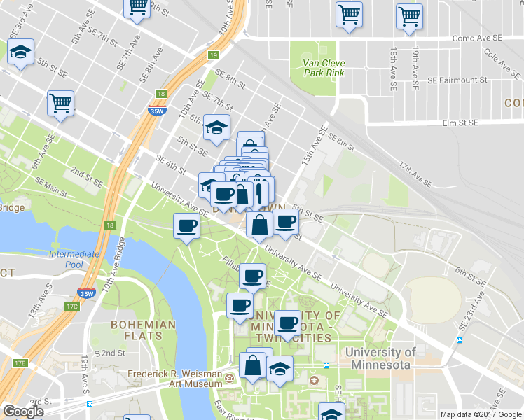 map of restaurants, bars, coffee shops, grocery stores, and more near 1413 4th Street Southeast in Minneapolis