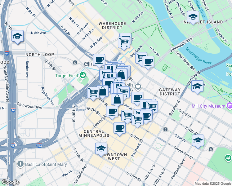 map of restaurants, bars, coffee shops, grocery stores, and more near 22 South 5th Street in Minneapolis