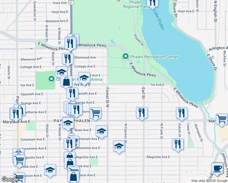 map of restaurants, bars, coffee shops, grocery stores, and more near 957 Hyacinth Avenue East in Saint Paul
