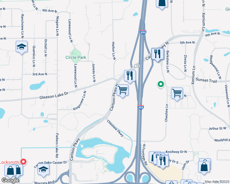 map of restaurants, bars, coffee shops, grocery stores, and more near 2 Carlson Parkway in Minnetonka