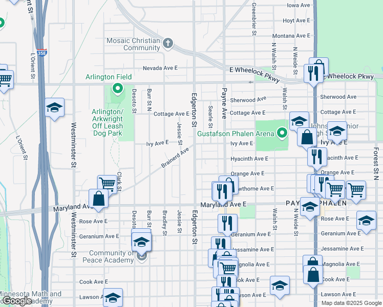 map of restaurants, bars, coffee shops, grocery stores, and more near 1303 Edgerton Street in Saint Paul