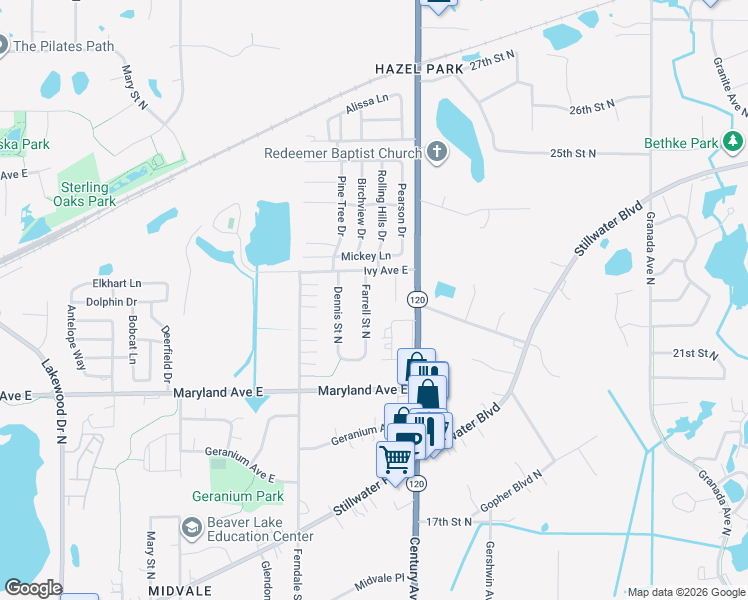 map of restaurants, bars, coffee shops, grocery stores, and more near 1262 Farrell Street North in Maplewood