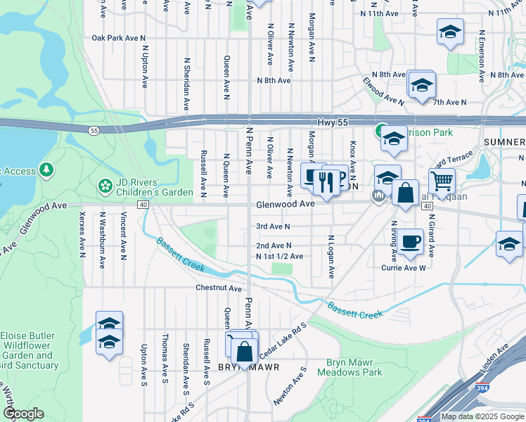 map of restaurants, bars, coffee shops, grocery stores, and more near 2113 Glenwood Avenue in Minneapolis