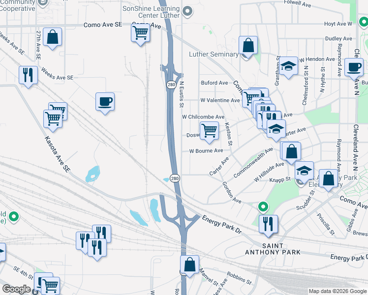map of restaurants, bars, coffee shops, grocery stores, and more near 2417 West Bourne Avenue in Saint Paul
