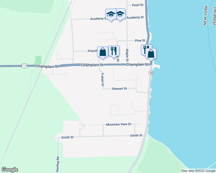 map of restaurants, bars, coffee shops, grocery stores, and more near 22 Stewart St in Rouses Point