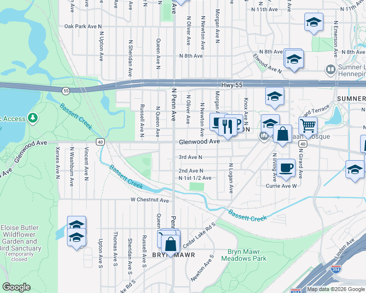 map of restaurants, bars, coffee shops, grocery stores, and more near 2113 Glenwood Avenue in Minneapolis