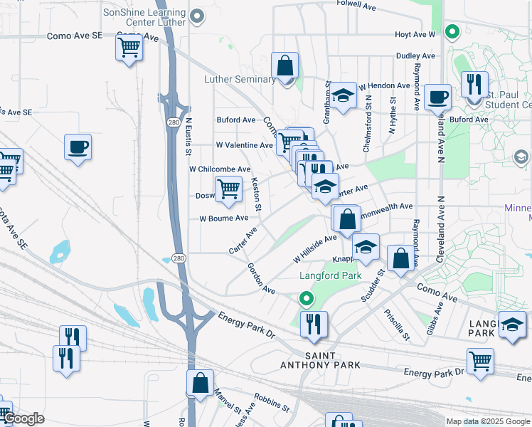 map of restaurants, bars, coffee shops, grocery stores, and more near 2301 Carter Avenue in Saint Paul