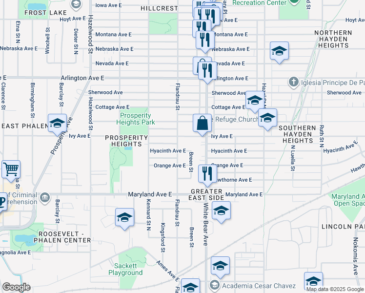 map of restaurants, bars, coffee shops, grocery stores, and more near 1737 Hyacinth Avenue East in Saint Paul