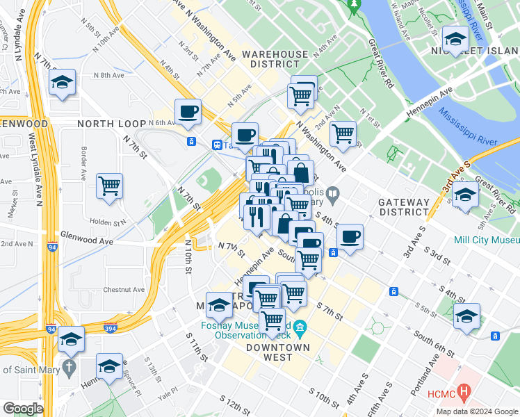 map of restaurants, bars, coffee shops, grocery stores, and more near 111 North 5th Street in Minneapolis