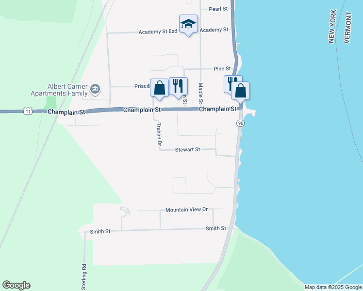 map of restaurants, bars, coffee shops, grocery stores, and more near 16 Stewart St in Rouses Point