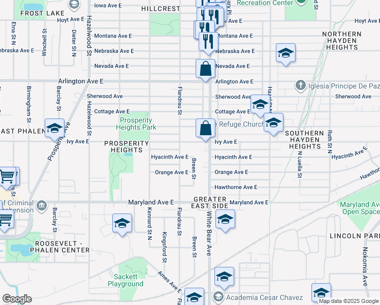 map of restaurants, bars, coffee shops, grocery stores, and more near 1737 Hyacinth Avenue East in Saint Paul
