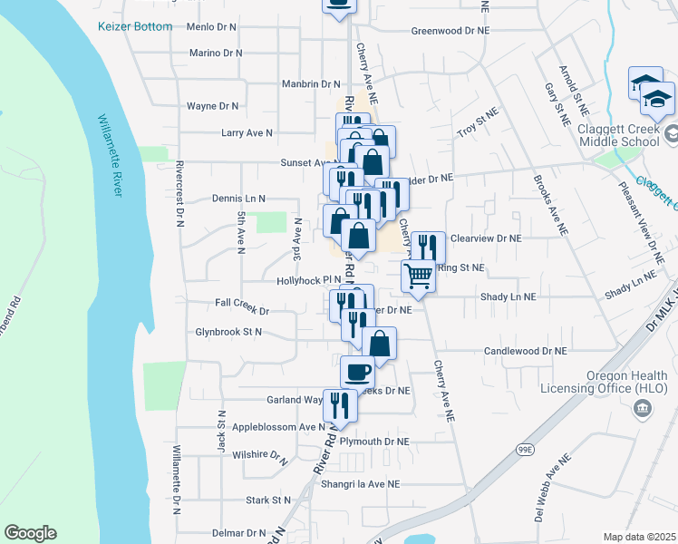 map of restaurants, bars, coffee shops, grocery stores, and more near 3785 River Road North in Keizer