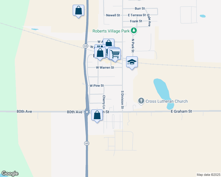 map of restaurants, bars, coffee shops, grocery stores, and more near 202 West Pine Street in Roberts