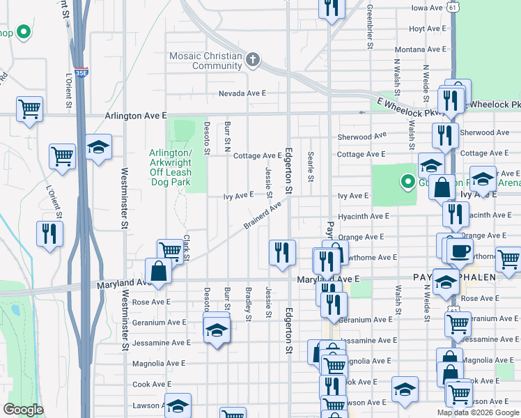 map of restaurants, bars, coffee shops, grocery stores, and more near 535 Brainerd Avenue in Saint Paul