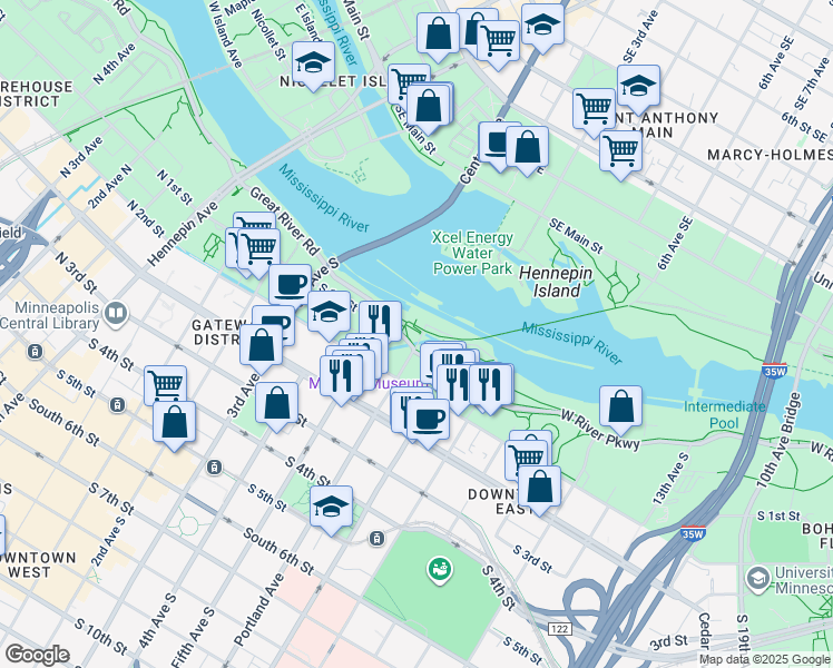 map of restaurants, bars, coffee shops, grocery stores, and more near 34 Portland Avenue South in Minneapolis