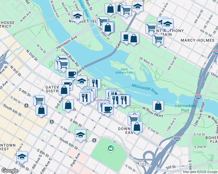 map of restaurants, bars, coffee shops, grocery stores, and more near 100 Portland Avenue in Minneapolis