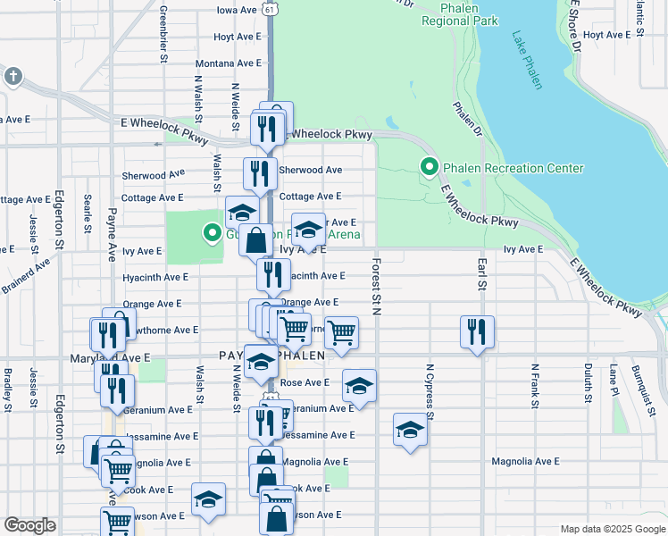 map of restaurants, bars, coffee shops, grocery stores, and more near 887 Hyacinth Avenue East in Saint Paul