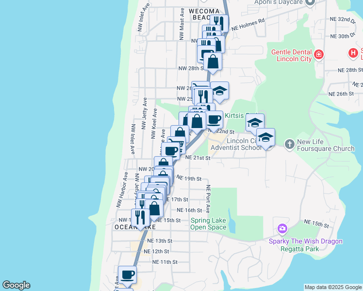 map of restaurants, bars, coffee shops, grocery stores, and more near 2137 Oregon Coast Highway in Lincoln City
