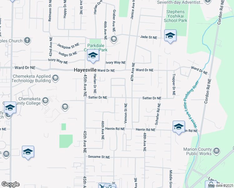 map of restaurants, bars, coffee shops, grocery stores, and more near 4655 Satter Drive Northeast in Salem