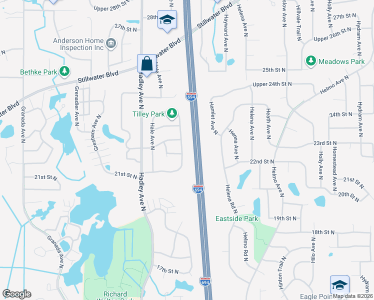 map of restaurants, bars, coffee shops, grocery stores, and more near 2215 Hallmark Avenue North in Oakdale