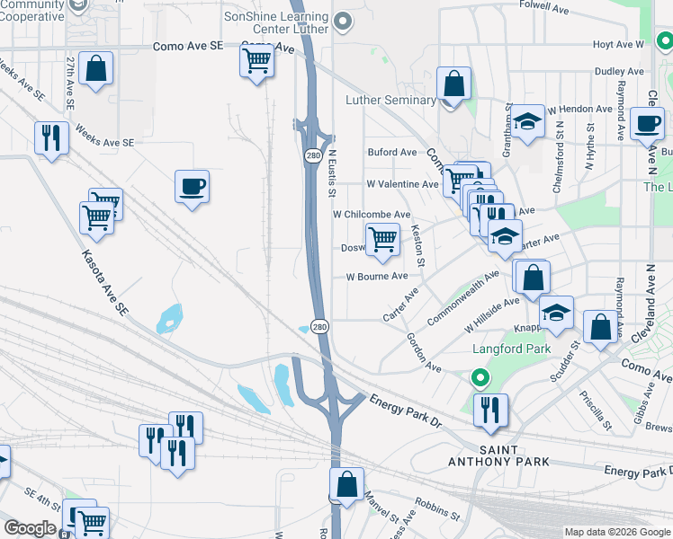map of restaurants, bars, coffee shops, grocery stores, and more near 2417 West Bourne Avenue in Saint Paul